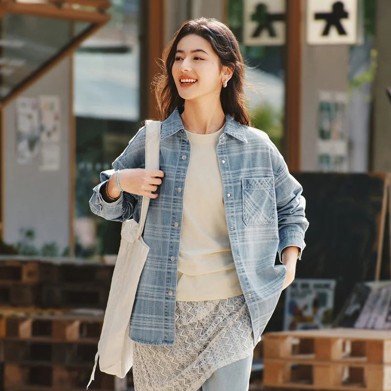 Semir Denim Shirt Women Oversize Spring 2025 New Spring Checkered