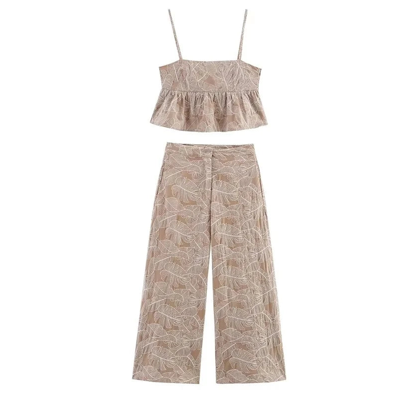 Women Two Pieces Pants Sets 2026 New Fashion Embroidery Crop Top +