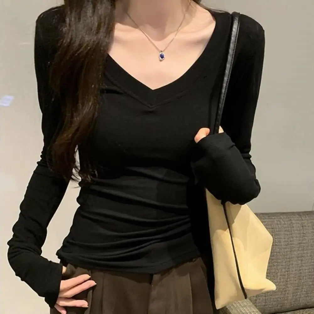 Soft Simple V Neck Slim T Shirt Base Blouse Undershirts Tight Top