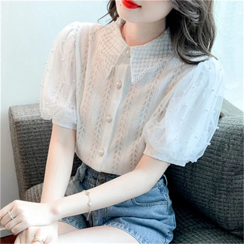 Women Spring Summer Style Lace Blouses Shirts Lady Casual Short Puff