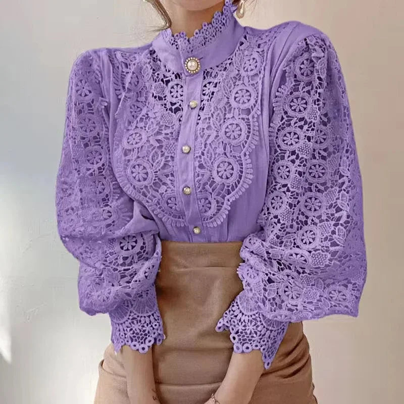 New Women's Long Sleeve High Neck  Chic Blouse, Lace Paneled Hollow