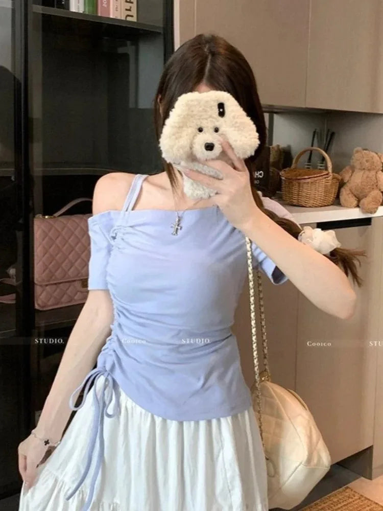 Sweet One shoulder Drawstring Short sleeve T shirt Women Summer Off