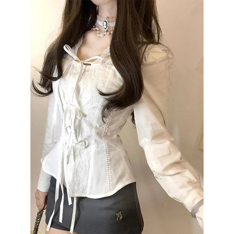 Kawaii Cropped White Shirts Women Fashion Cutecore Lace Bandage