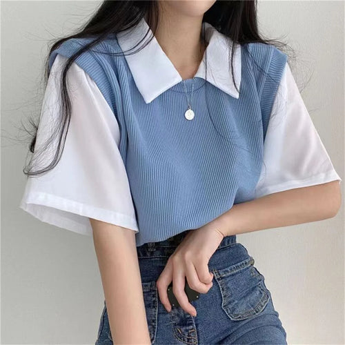 Summer Academy Style Color Blocking Polo Collar Top Fake Two-piece