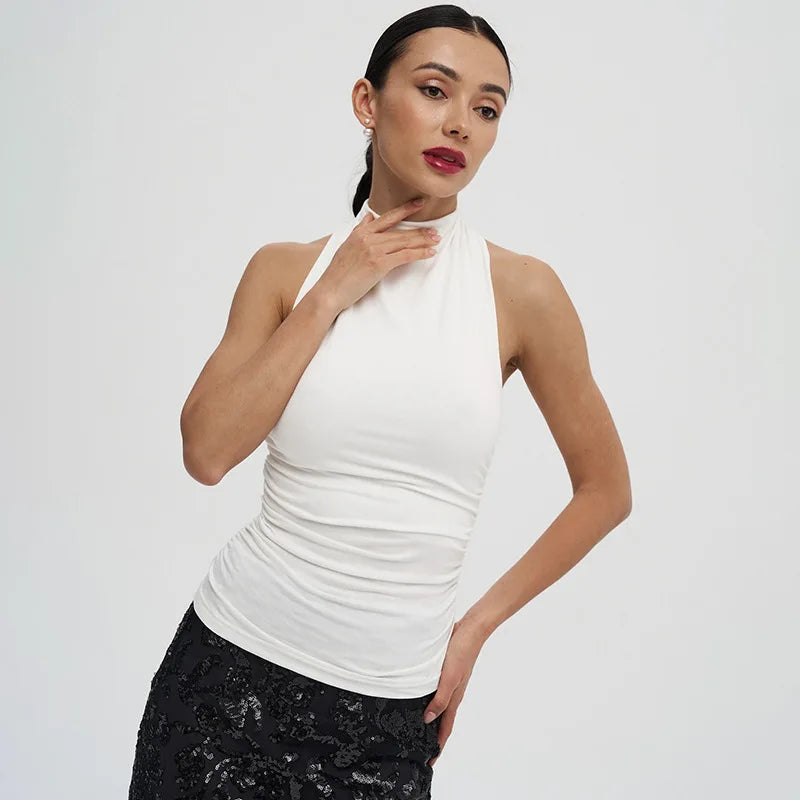 Tuularose Solid Halter Top For Women Backless Sleeveless Pleated Vest