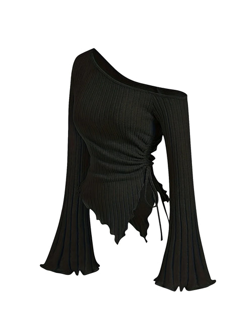 Women's Off-Shoulder Cross Long-Sleeved Slim Fit T-Shirt Asymmetrical