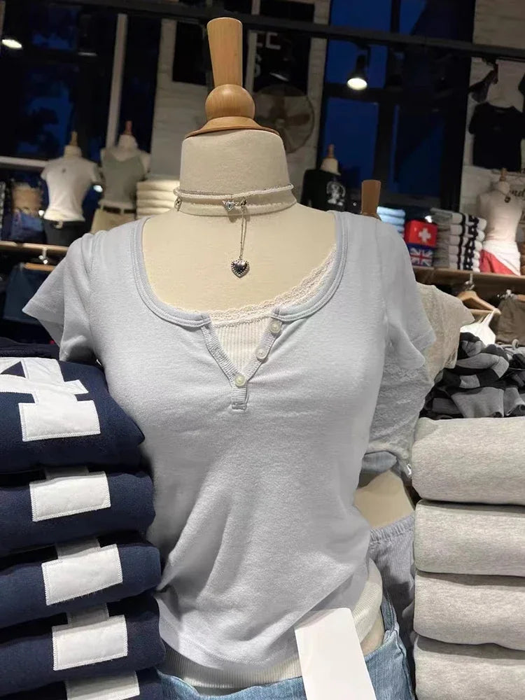 New Blue Three Buttons Slim Crop Top Summer O-neck Cotton Short Sleeve
