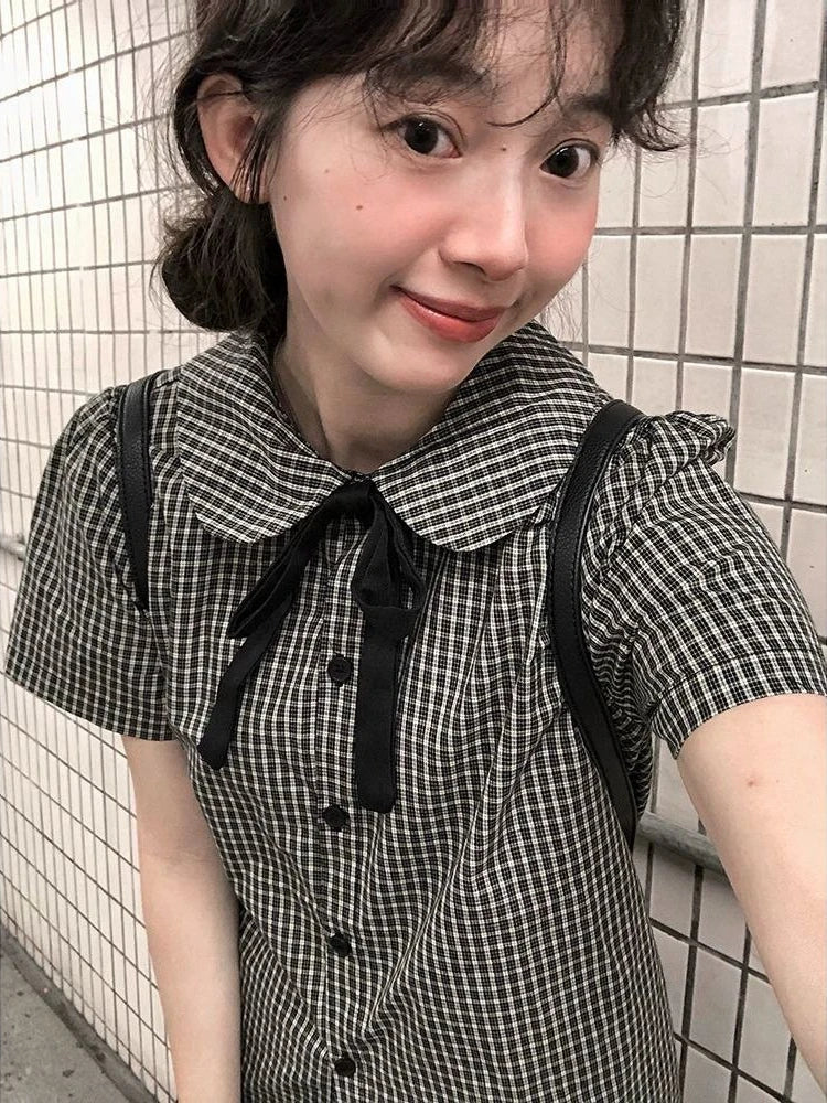Deeptown Vintage Black Plaid Shirts Women Preppy Short Sleeve Peter