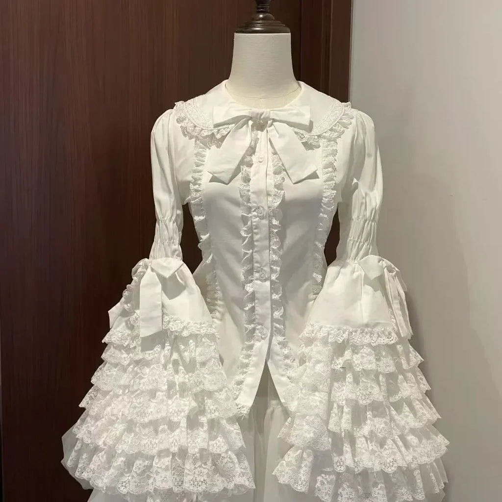 2025 Japanese Lolita Blouse White - Cute Puff Sleeve Shirt with Lace