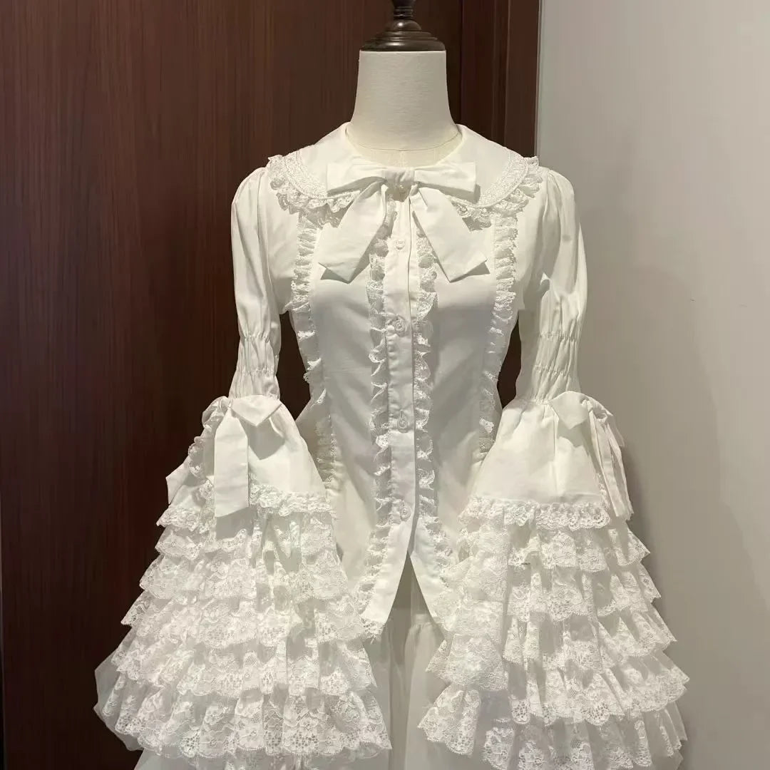 2025 Japanese Lolita Blouse White - Cute Puff Sleeve Shirt with Lace