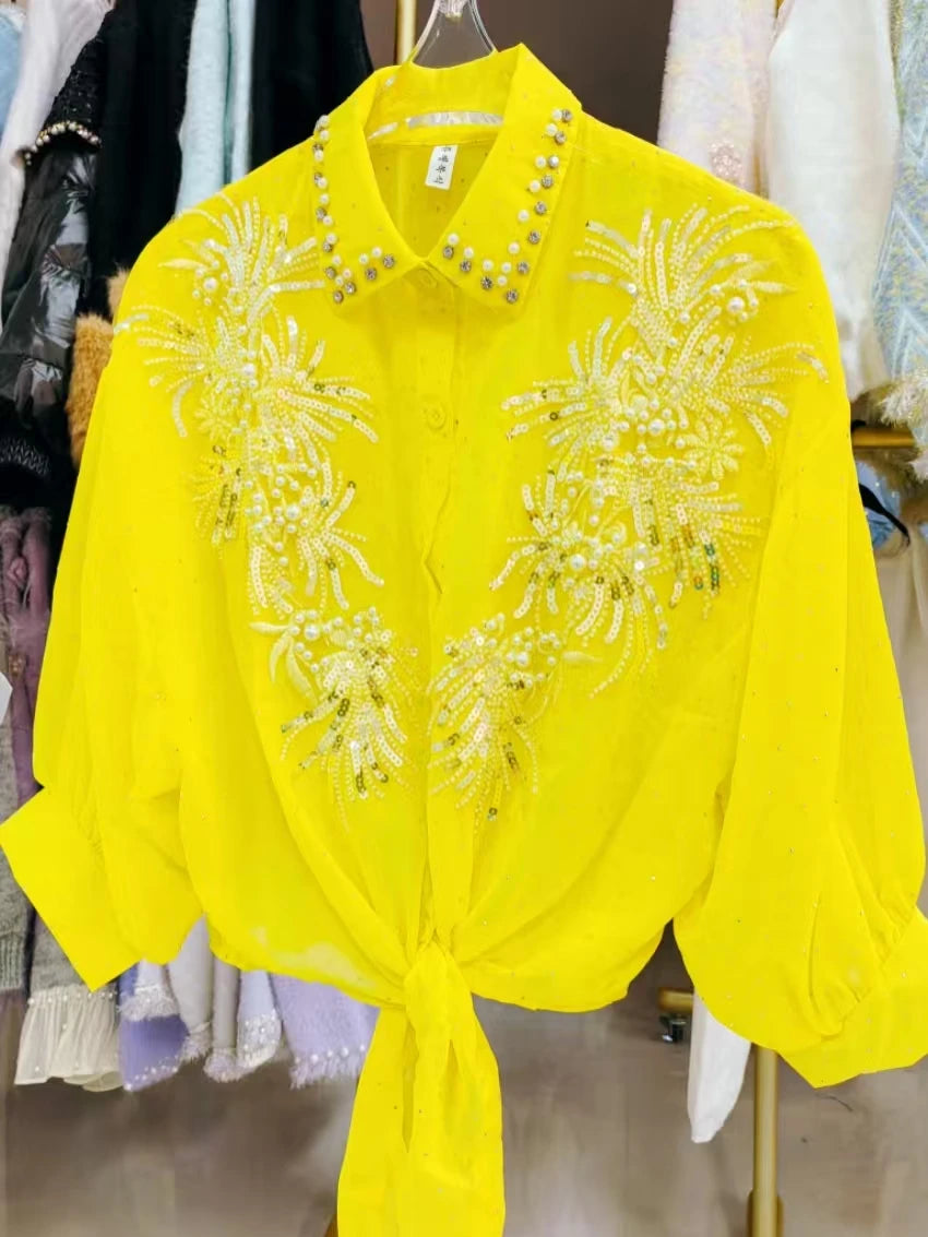High-end Sequines Pearls Beaded Stitch Sunscreen Blouses Shirts for