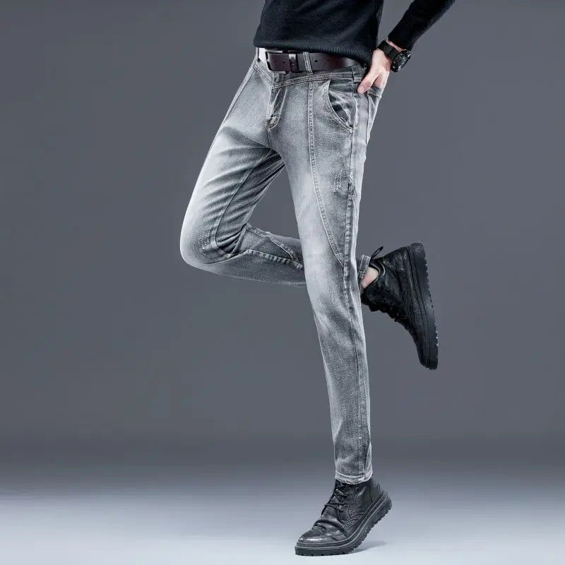 2026 New Men's Stretch Jeans Gray Slim Fit Small Feet Anti-wrinkle