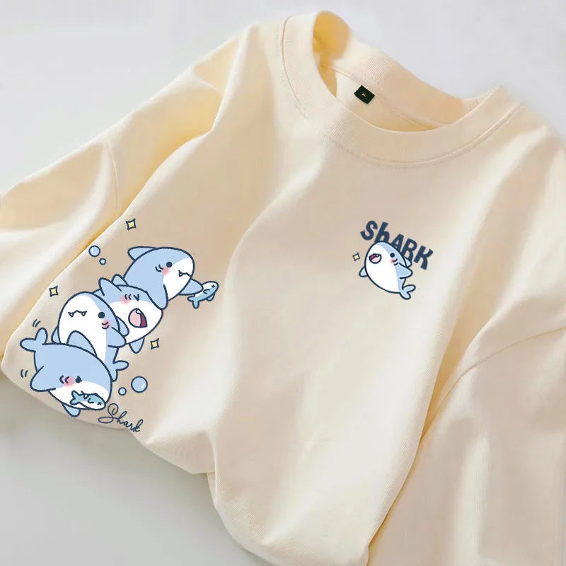 Cartoon Shark Print Simple Casual Loose Versatile Summer Short Sleeved