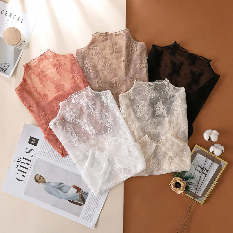 S-XL New Women Floral Lace Shirt Spring Autumn Long Sleeve Sexy Mesh