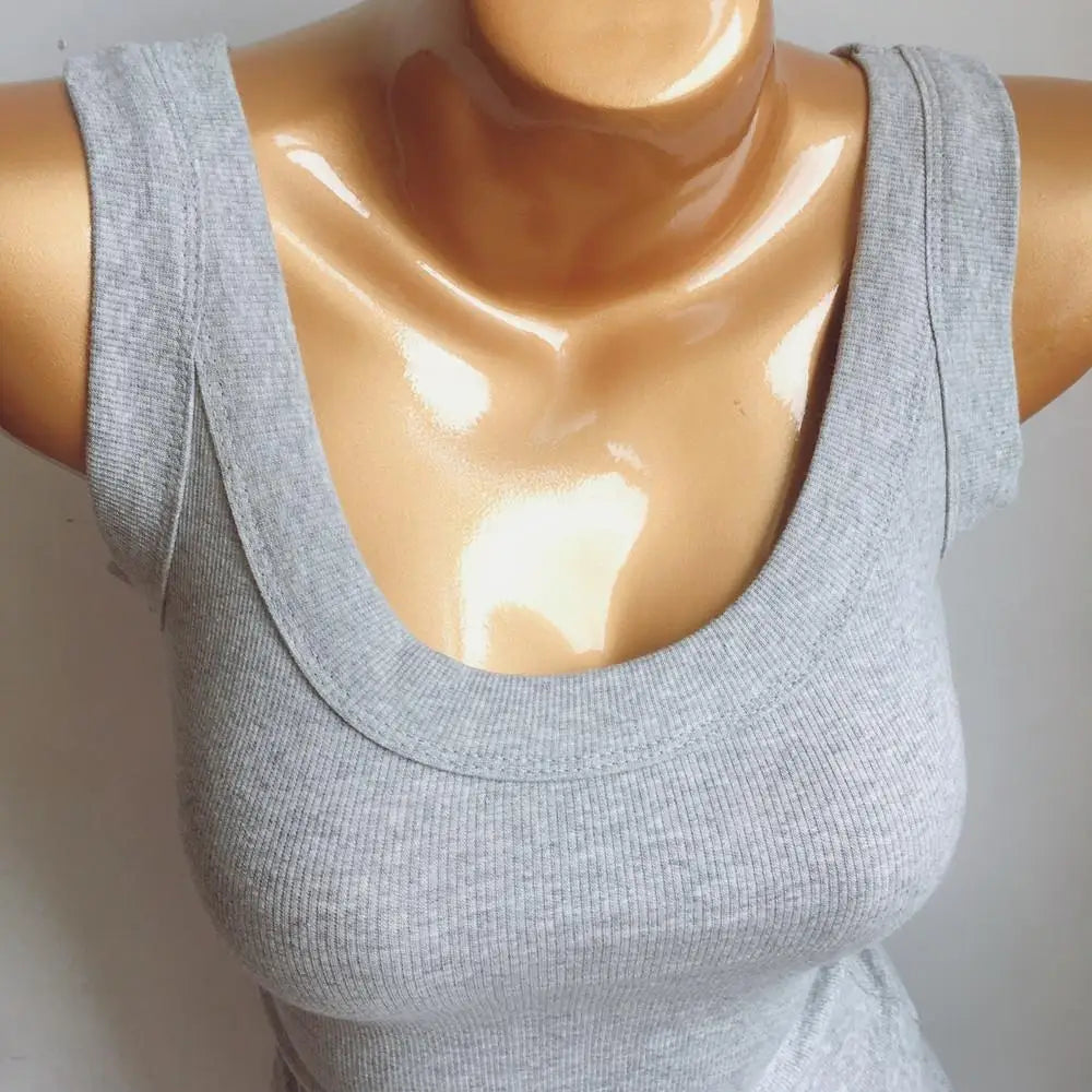 Summer Wide Shoulder Straps Slim Fit White Tank Top Sexy Low Cut