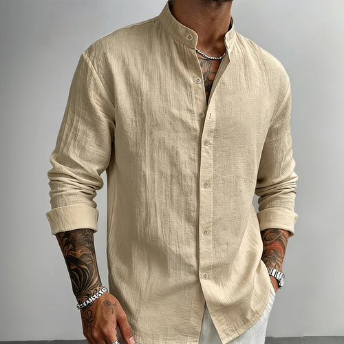 Men's Casual Shirt Henley Neck Cotton Linen Solid Color Button Down