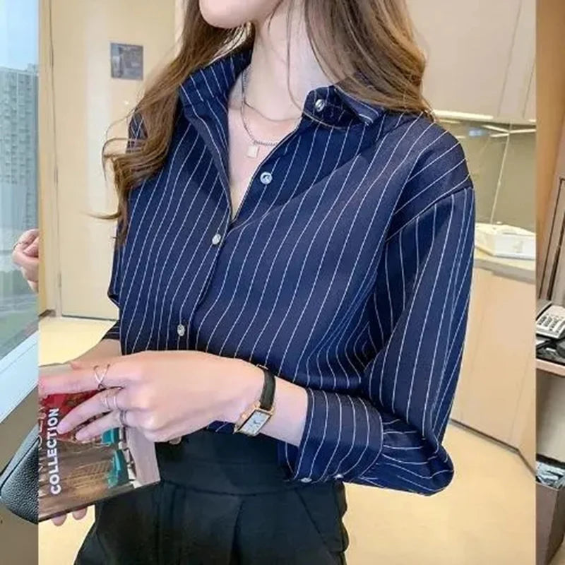 Striped Shirt Women Summer Vintage Chic Loose Long Sleeve Top Y2K