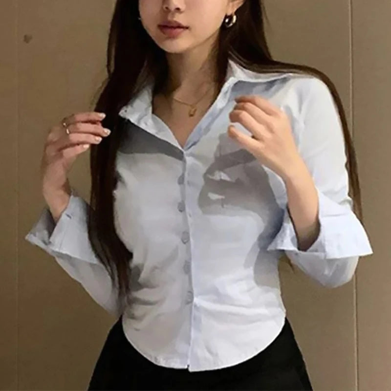Korean White Office Women Chiffon Shirt Pocket Button Lapel Ladies
