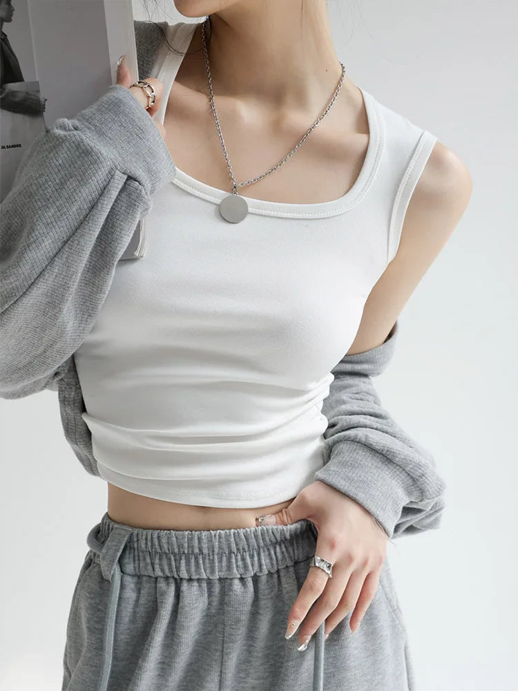 Solid U Neck Ribbed Camisole Summer Basic ElasticWomen