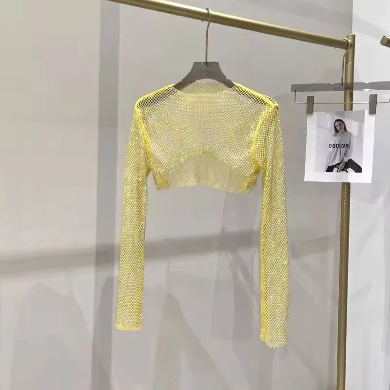 2025 New Summer Sexy Bright Diamond Short Thin Tops Slim  Hot Drill
