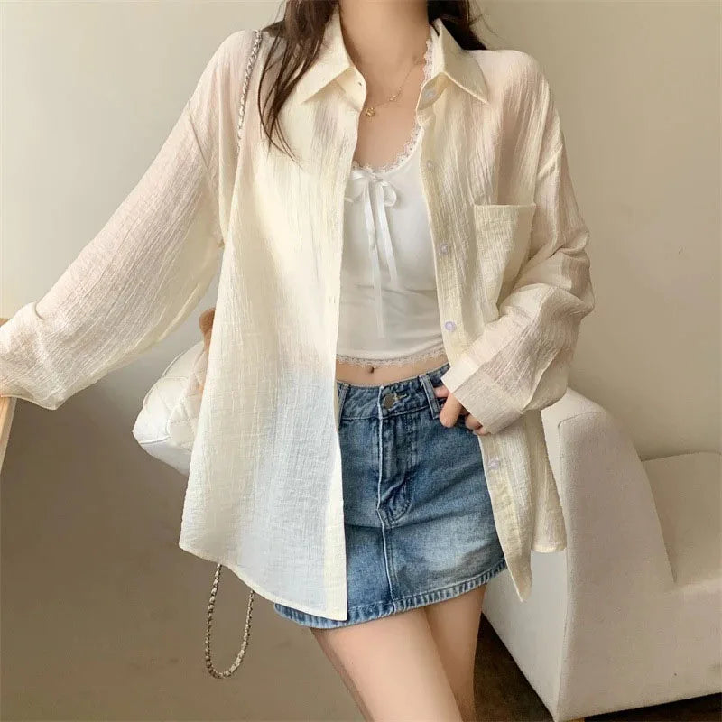 Women's Summer Sun Protection Shirts Casual Loose with Pocket Chiffon
