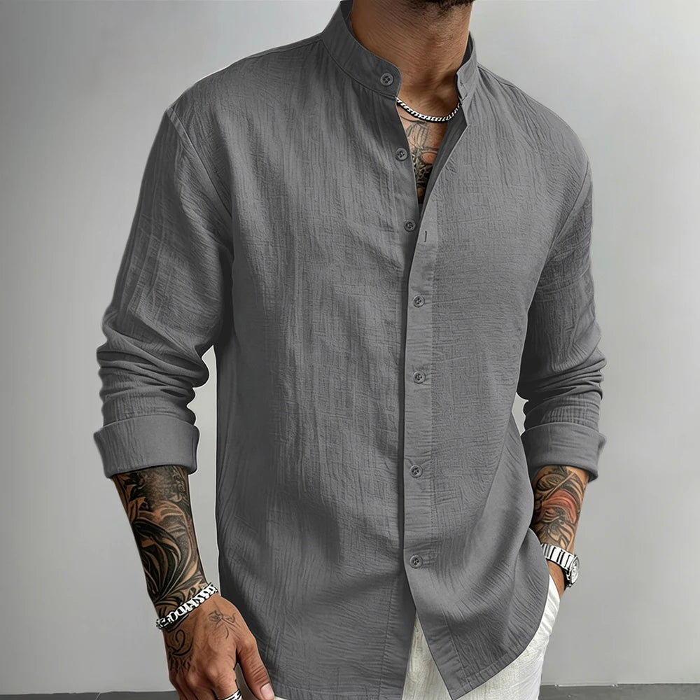 Men's Casual Shirt Henley Neck Cotton Linen Solid Color Button Down