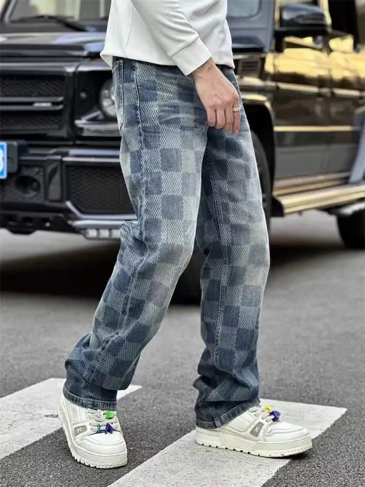 Trendy Street-Style Gradient Checkered Straight-Leg Jeans for Men,
