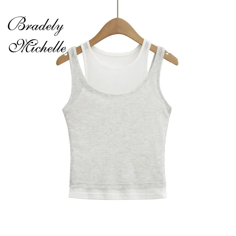 Stacked Double-layer Round Neck Women Sleeveless Cropped Tank Crop