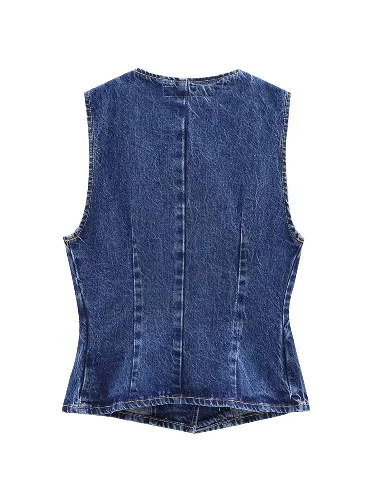2026 Women's Short Vest Autumn Fashion Blue Denim Vest Top Lady Casual