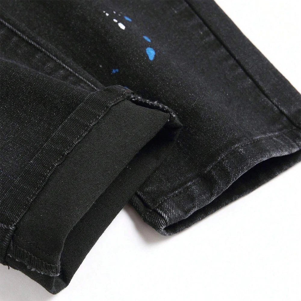 Men's Y2K Fashion Ripped Patchwork Hole Straight Black Jeans Slim Fit