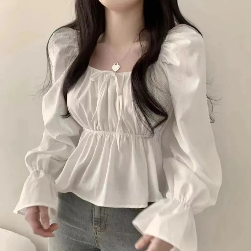 2025 Fashion New Ruffle White Long sleeved Women's Blouses Square Neck