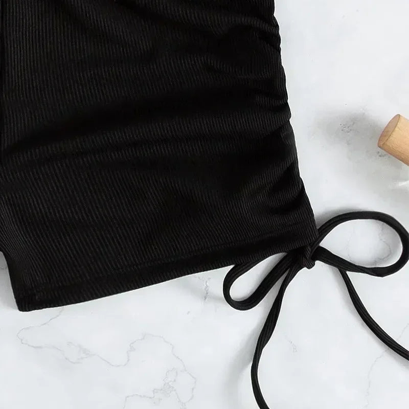 Crop Top Shorts Bottom Swimsuits Women Black Drawstring Swimwear