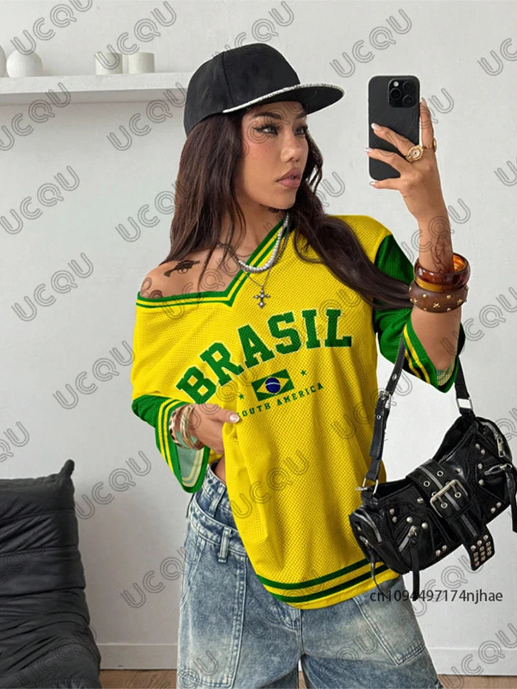Summer New Brazil Print T Shirt For Women V-Neck Patchwork Short
