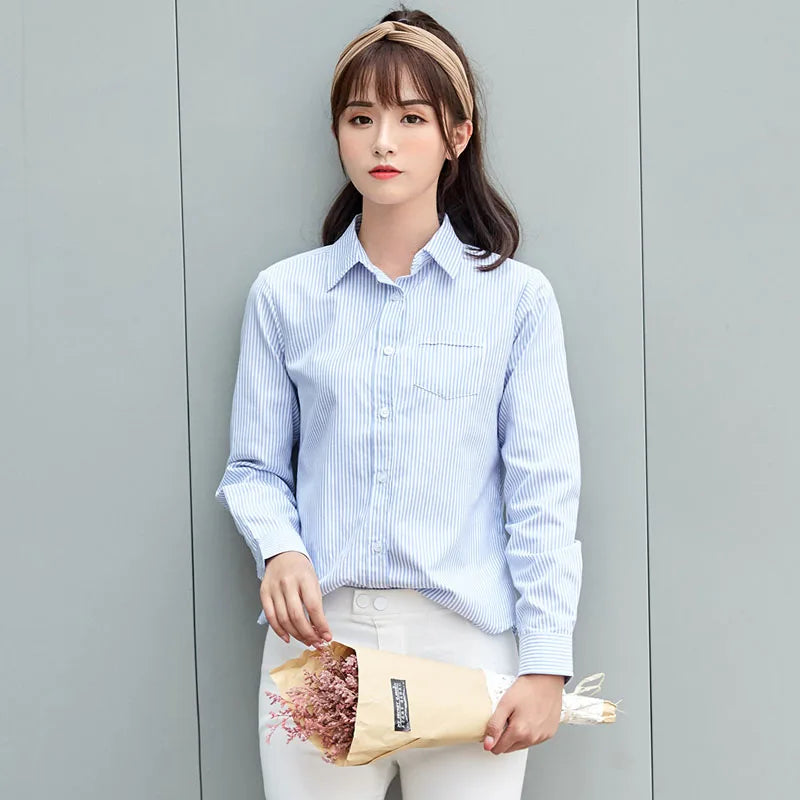 White Blue Pink Striped Shirt Women 2024 Spring New Simple Casual Long