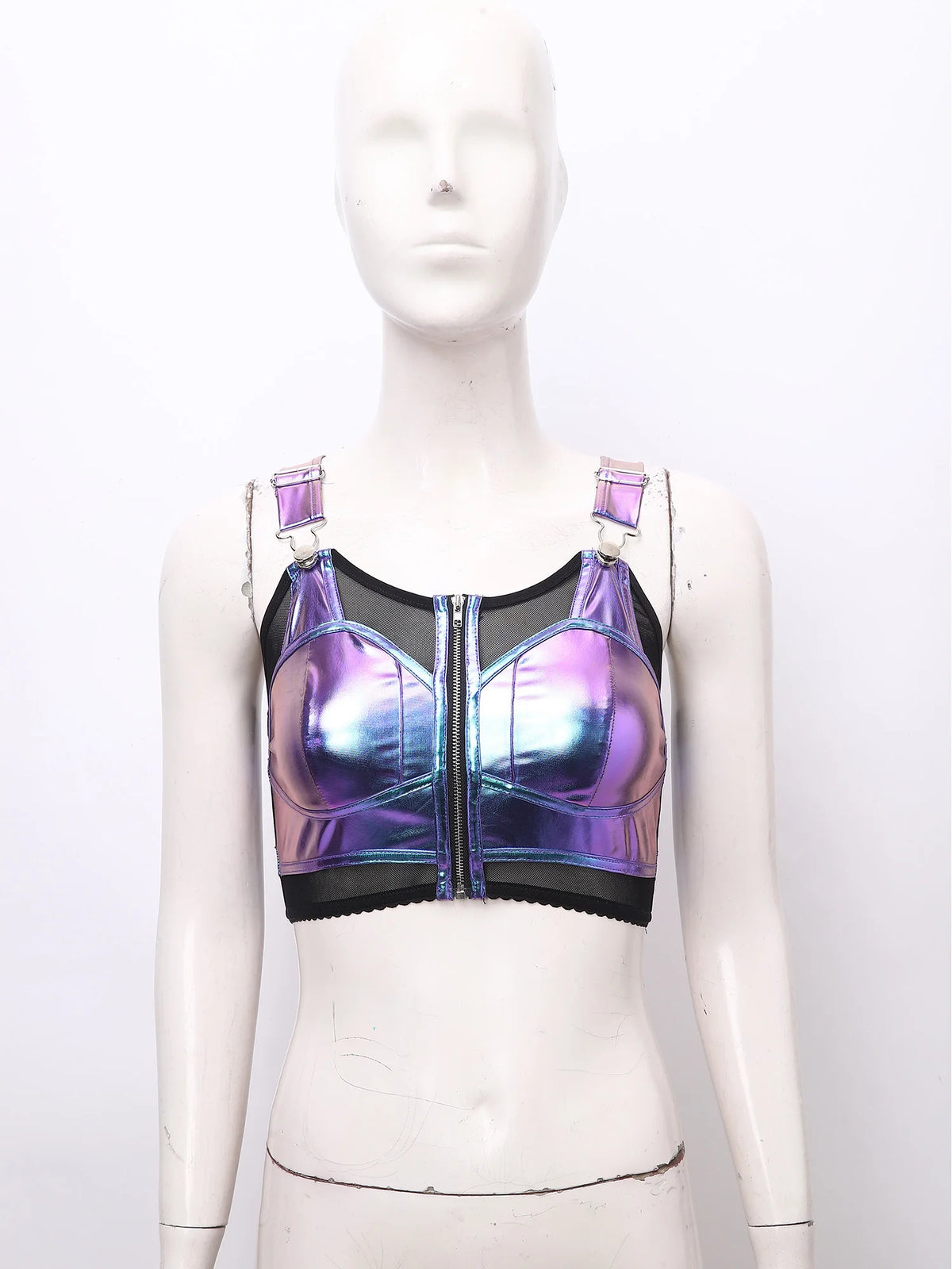 Womens Punk Style Raves Crop Tank Top Metallic Shiny And Sheer Mesh