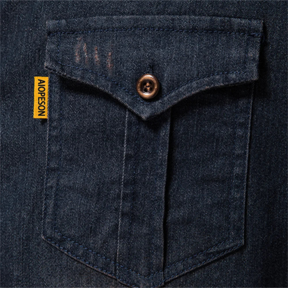 AIOPESON Brand Elastic Cotton Denim Shirt Men Long Sleeve Quality