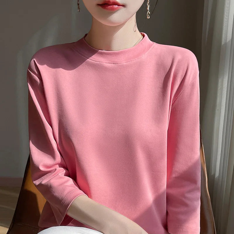 Summer And Autumn New 100% Cotton T-shirt Women's Semi-High-Necked