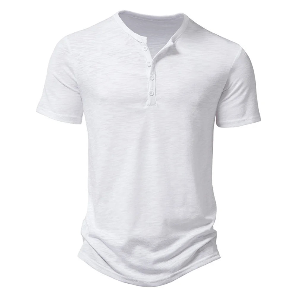 Henley Collar Summer Men Casual Solid Color Short Sleeve T Shirt for