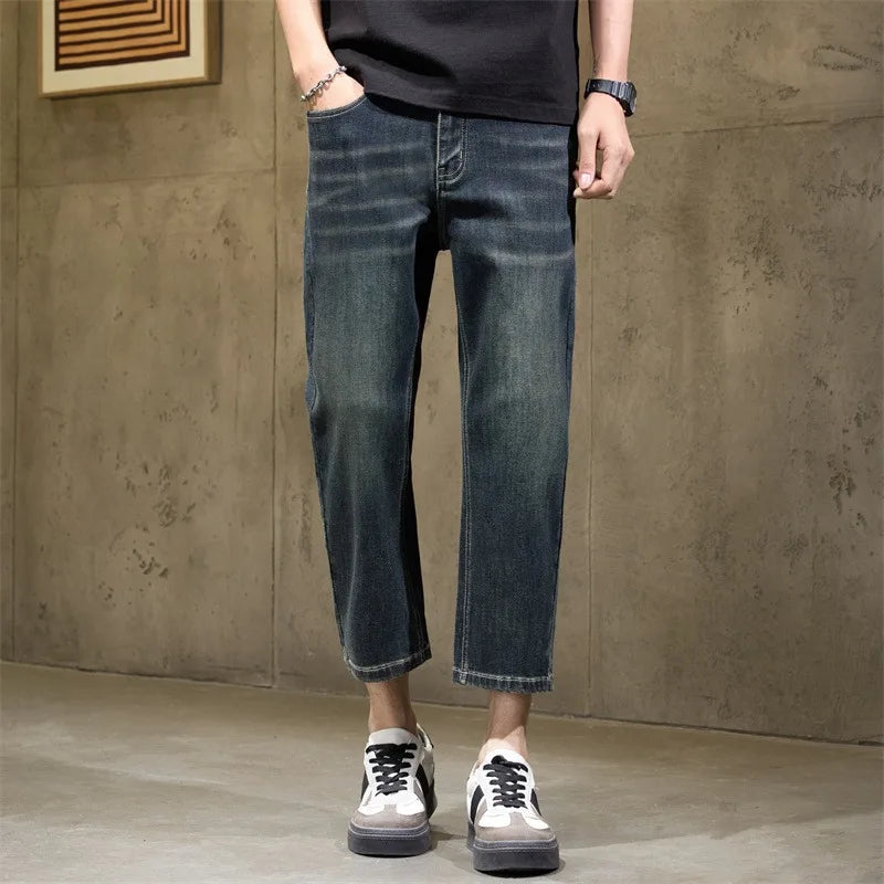 Men's American Vintage Cropped Denim Pants 2026 New Stretch Straight