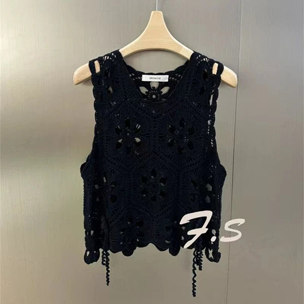 Women Crochet Tank Top Floral Embroidery Sheer Openwork Sleeveless