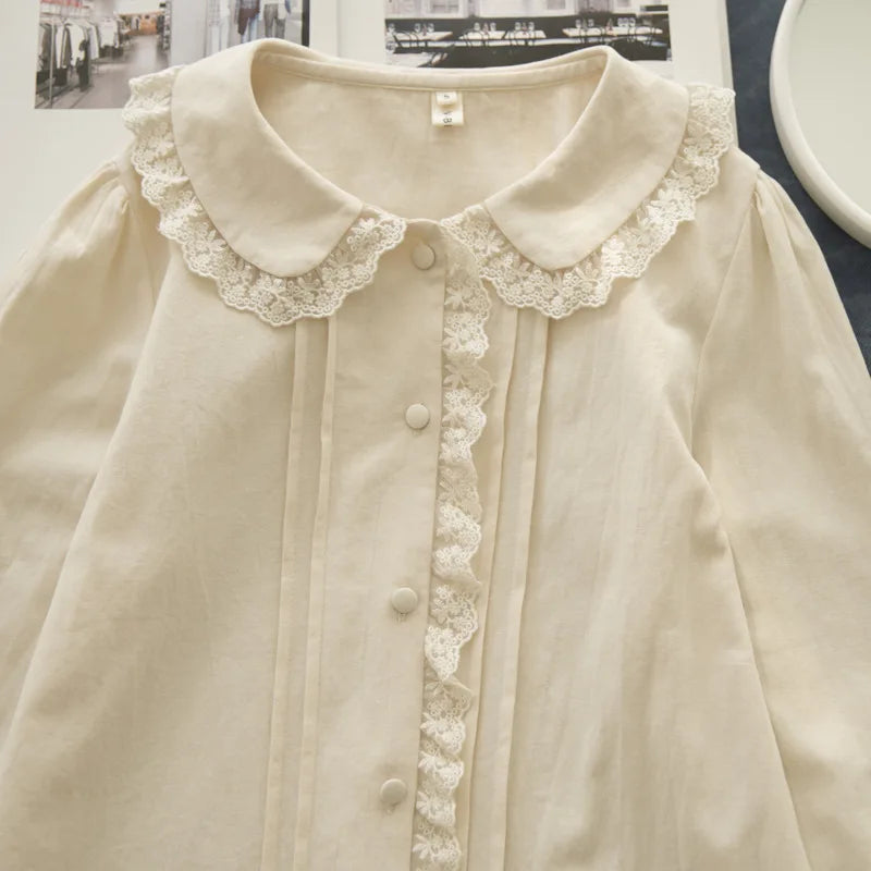 New Autumn 100% Cotton White Shirts Women Solid Cute Tops Girl Peter