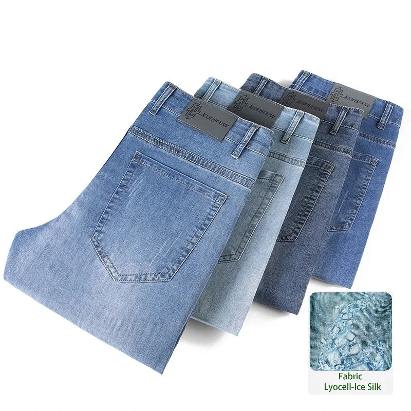 Men's Ice Silk Denim Cargo Pants Summer New Thin Business Casual Jeans