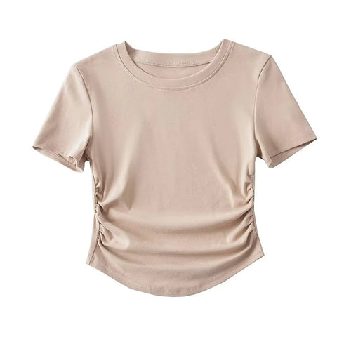 2024 Harajuku Women Crew Neck Short Sleeve Cotton Tee With Ruched