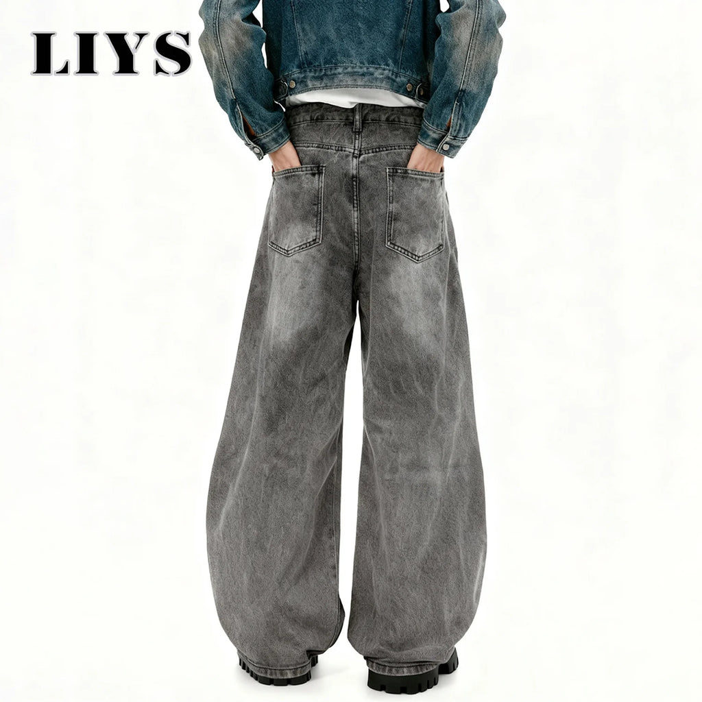 American Men's Retro Baggy Wide Leg Gray Black Jeans Spring Summer