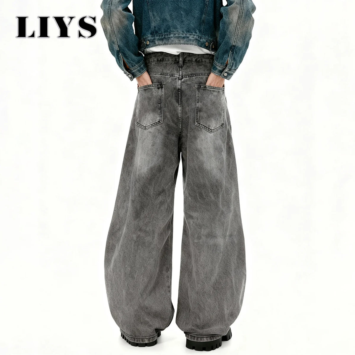 American Men's Retro Baggy Wide Leg Gray Black Jeans Spring Summer