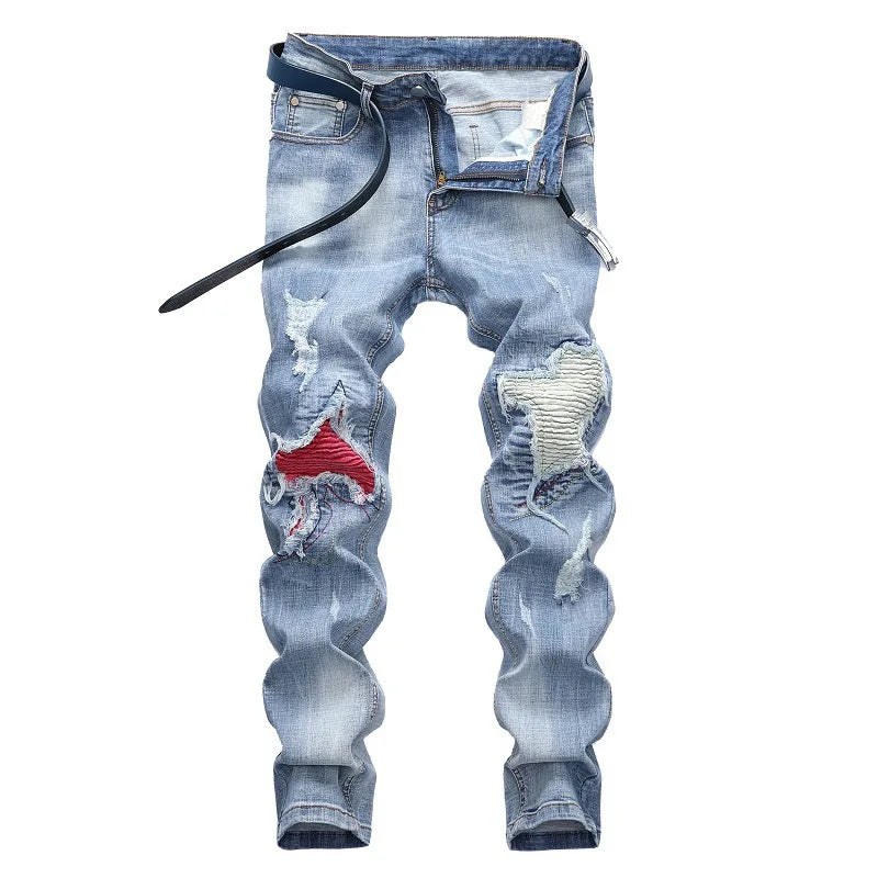 New Men's Personalized Ripped Jeans Light Blue Streetwear Stretch