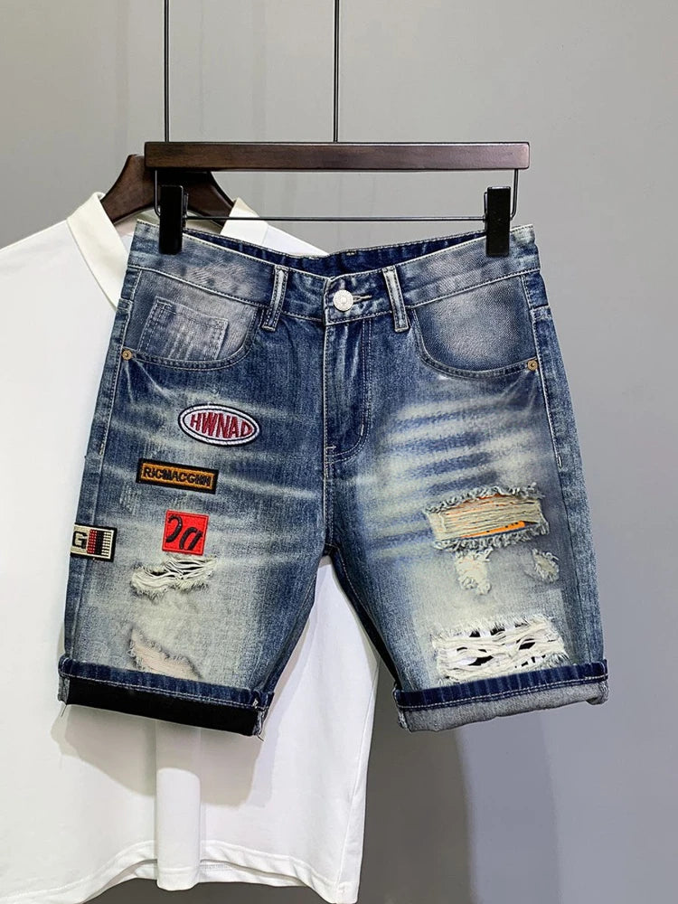New Trendy Brand Men's Denim Shorts Blue Ripped Style Slim Fit