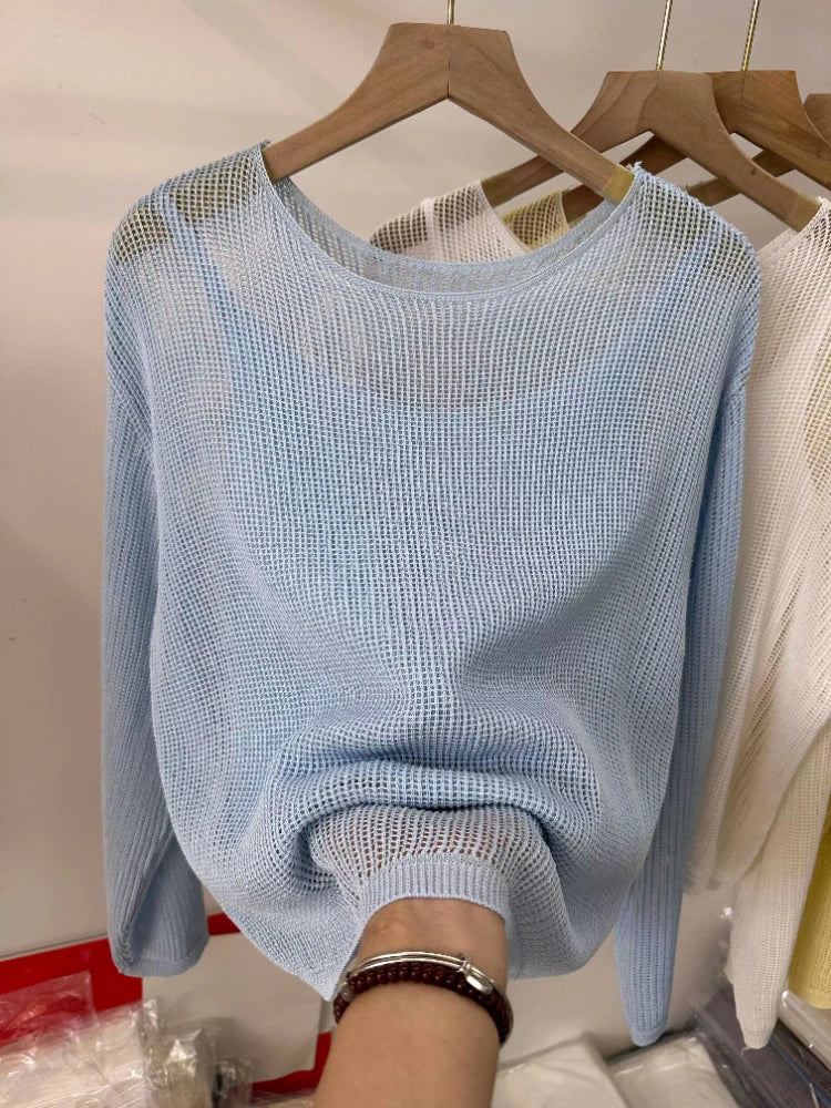 Hollow Out Long Sleeve Thin Knit Blouse 2026 New Summer Sun Protection