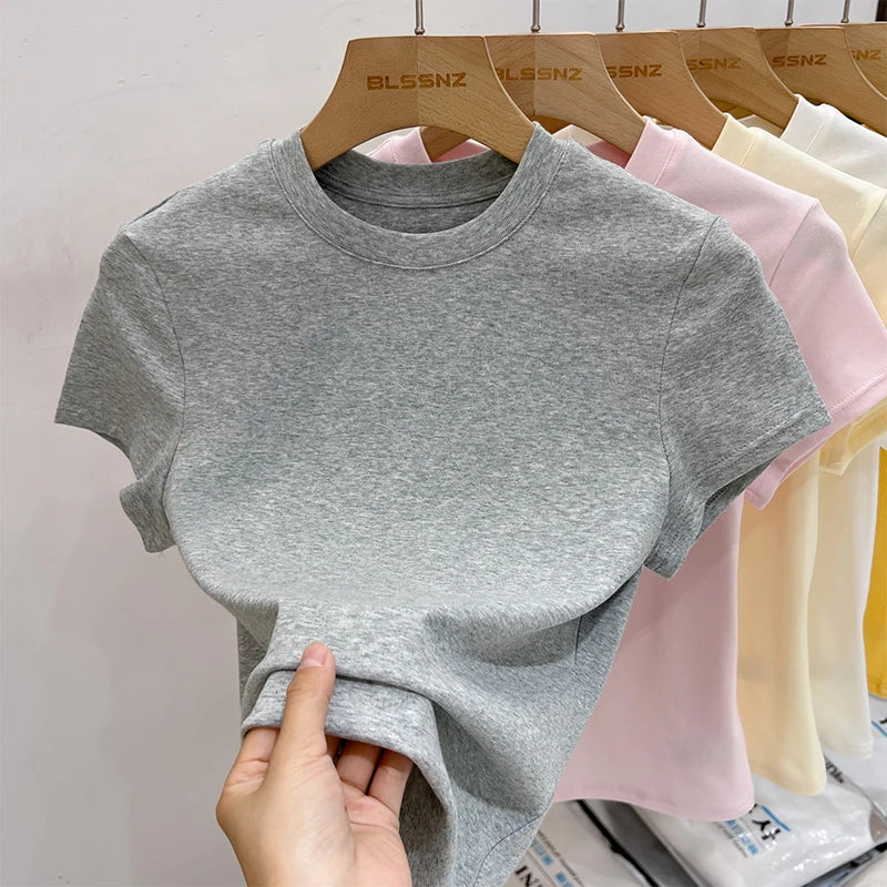 AOSSVIAO 2026 Summer Solid Color Women's Short Sleeve T-Shirt American