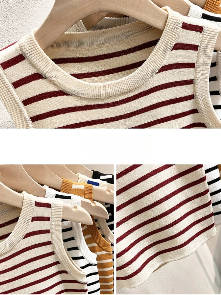 2026 Summer Striped Cami Top Sleeveless Ice Silk Knit Tank Top Women